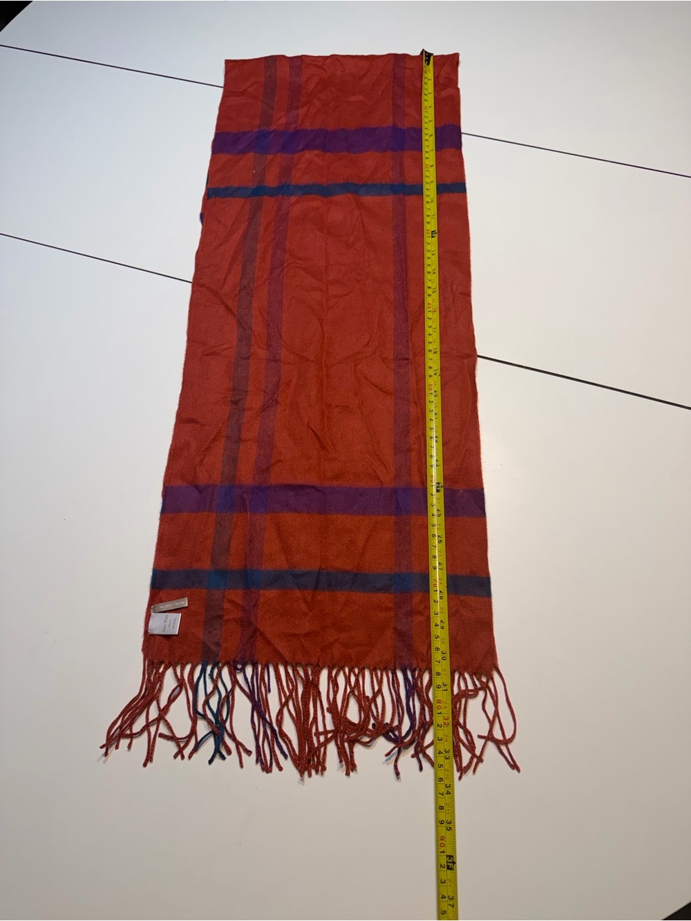 Nordstrom 100% silk red blue plaid fringe scarf